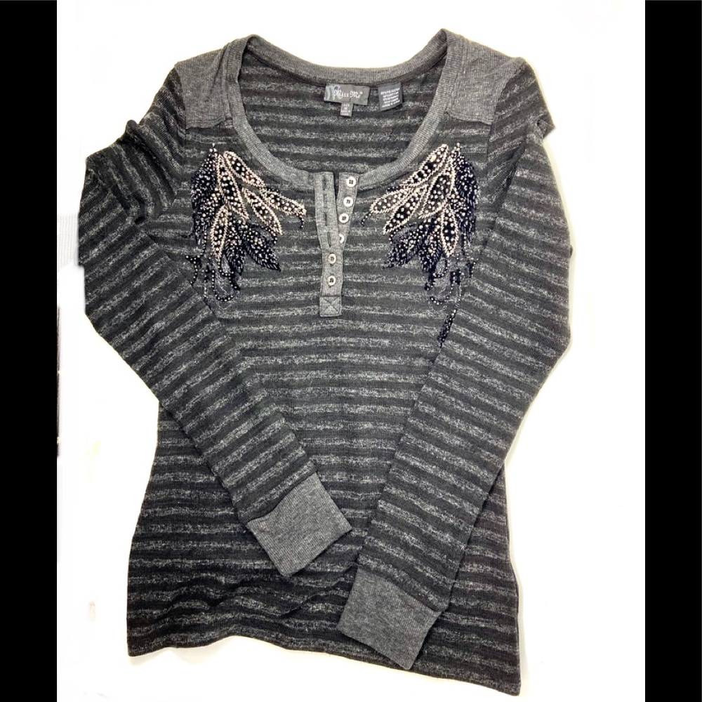 Miss Me Stripped Sequin Henley Sweater M